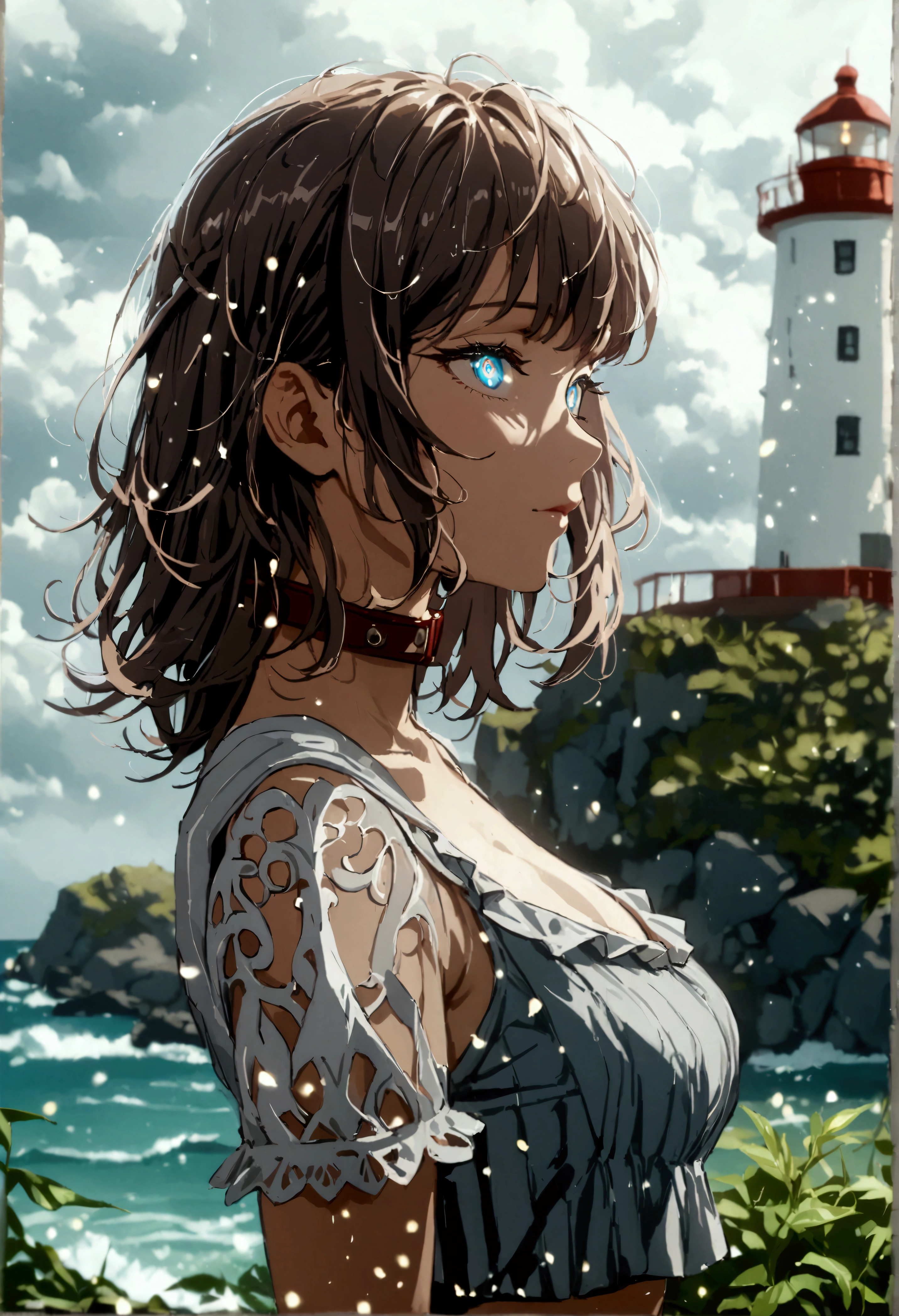 (masterpiece:1.2, top quality), (Beautiful, detailed eyes: 1.2), (Beautifully detailed face), high contrast, (Better lighting, Очень нежный и Beautiful), ((cinematic light)), top quality, masterpiece, particles of light, Close-up of a young woman, standing in front of the lighthouse before the storm., grey eyes, brown-haired woman, long and slightly wavy, Swept-back bangs, eyelash, stoic, Gray sleeveless shirt with collar and white vertical stripes., upper body, , tinted hands, weed, Coastal, drizzle, dark clouds, dark atmosphere, Slate color, particles of light, top quality, masterpiece
