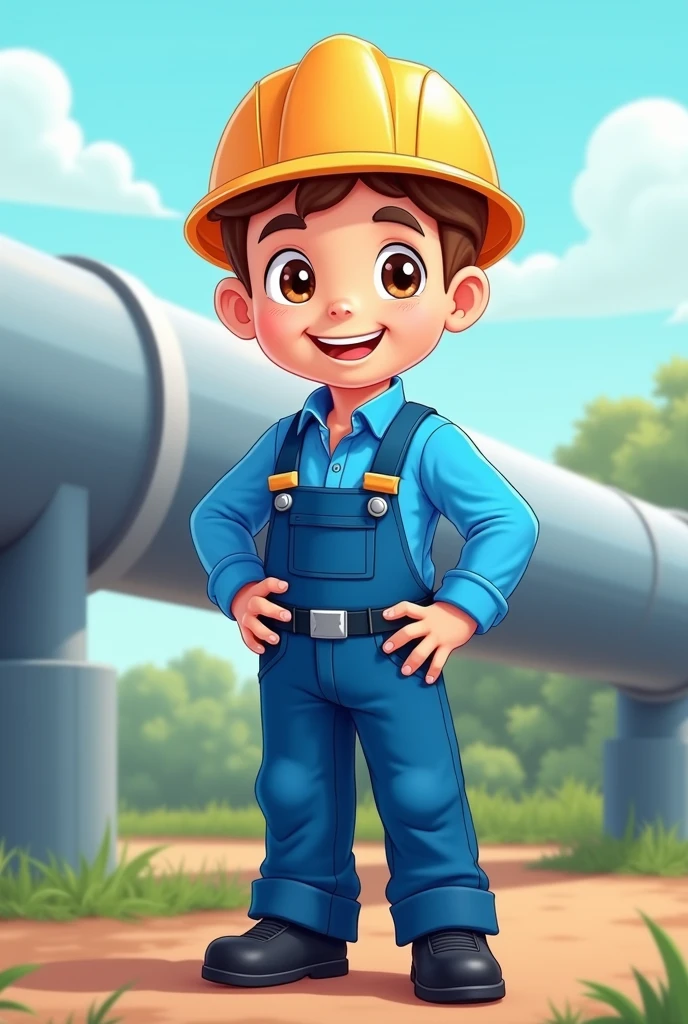 Natural Gas Marketing Company,Worker,Blue long-sleeved overalls,helmet,Standing,Black safety shoes,Cartoon avatar,Natural gas pipeline in the background