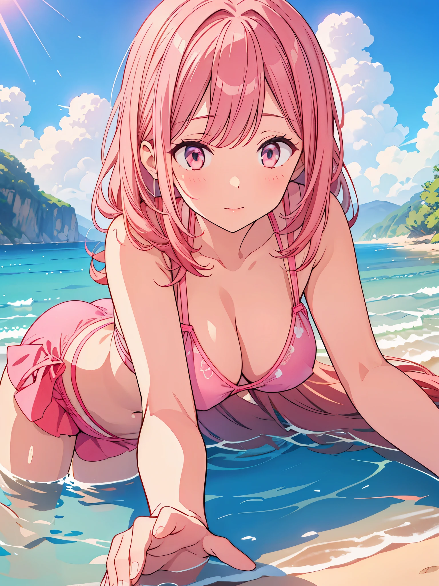 Woman in pink bikini sitting in water High resolution, Highest quality, super high quality, Very detailed, Cinema Lighting、Get on all fours、Buttocks、(Long silver pigtails)、Forest Springs、Mysterious lake surface、Stylish Witch、(Colorful gradient)、(((Rose pink fine lace lingerie)))、Nice ass、Perfect Ass、Embarrassing、blue eyes、sweating、Wet underwear、Ideal Style、cute、Fine Lines、Stick your butt out、Leg spread、Buckshot、Ergonomically suitable、Ass close up