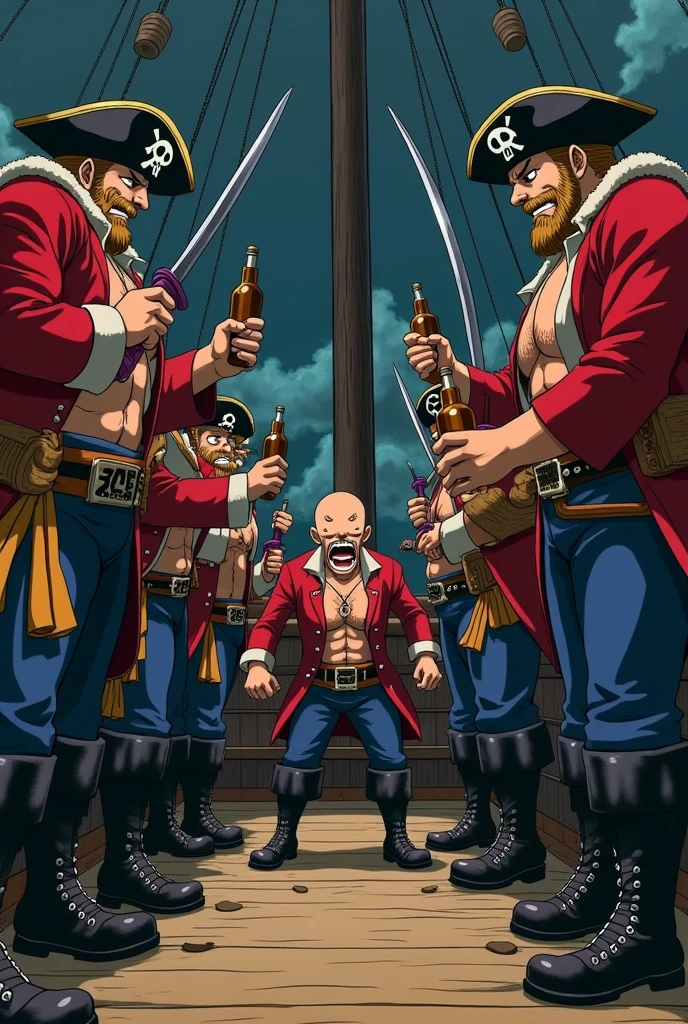 Draw a picture of the pirates letting a Nazi walk the plank. The combat boots should have white laces and should be on the front of the boots, not behind! Das ganze im One Piece Anime Style, the pirates are said to be drunk and have sabres and rum bottles in their hands, They should also have beards. The Nazi is said to be bald and to have wet his pants and to look pathetic and to be tied up. The picture should be kept dark with lots of black and red tones