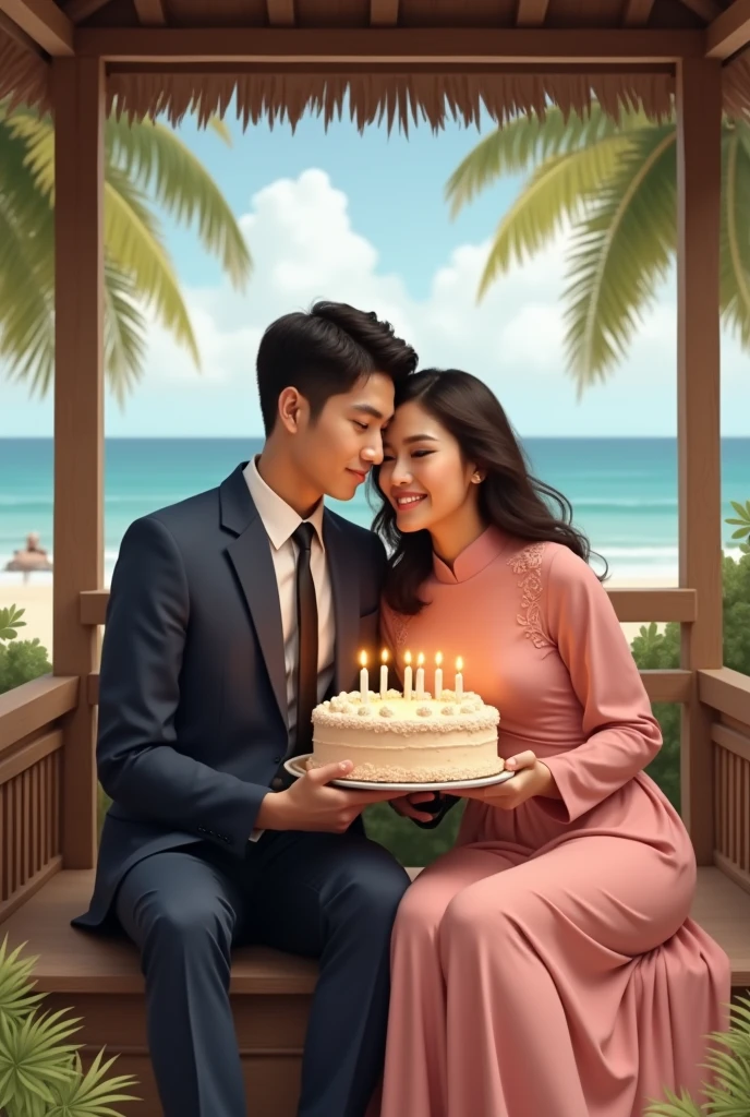 Portrait of young Indonesian man wearing suit and young Indonesian woman wearing gamis dress,sitting cuddling while holding a birthday cake in a gazebo on the beach..front face