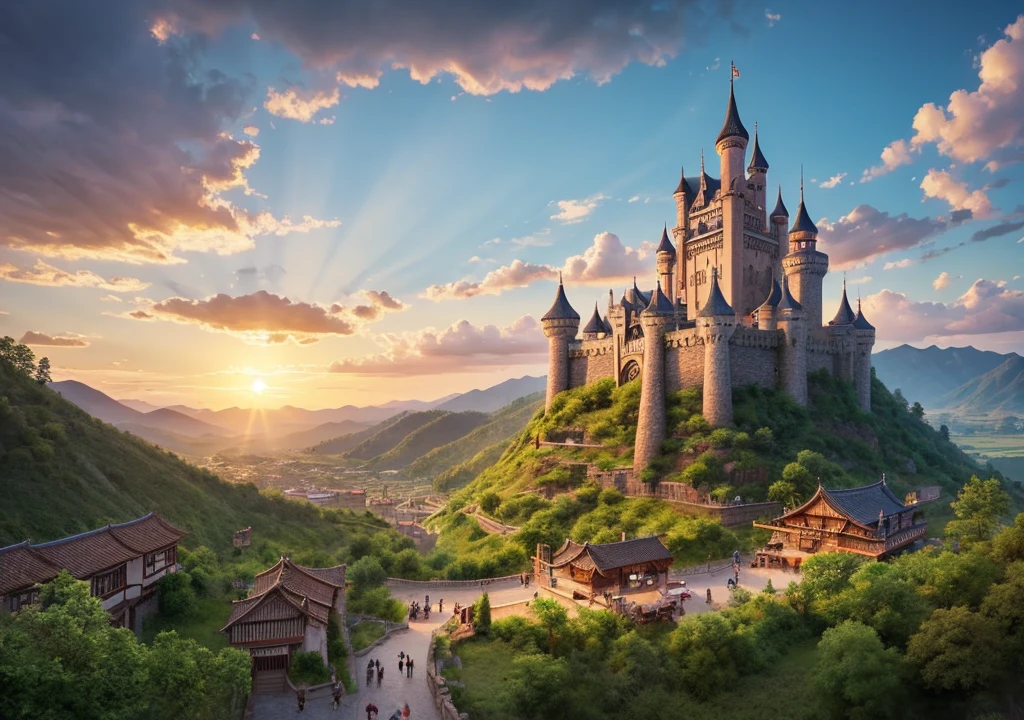 YouTube thumbnails,A 2D illustration of a bustling castle town with a Western-style castle visible in the distance in the center.