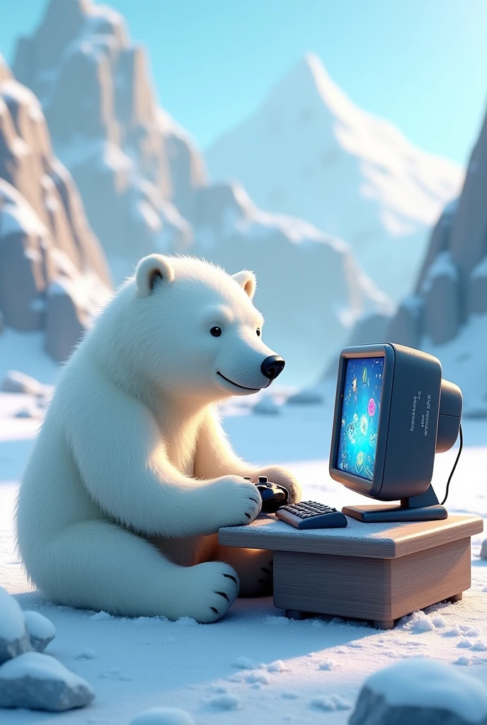 A white bear playing playstation in antartica,in front of the bear there is a computer, cartoon, 3d