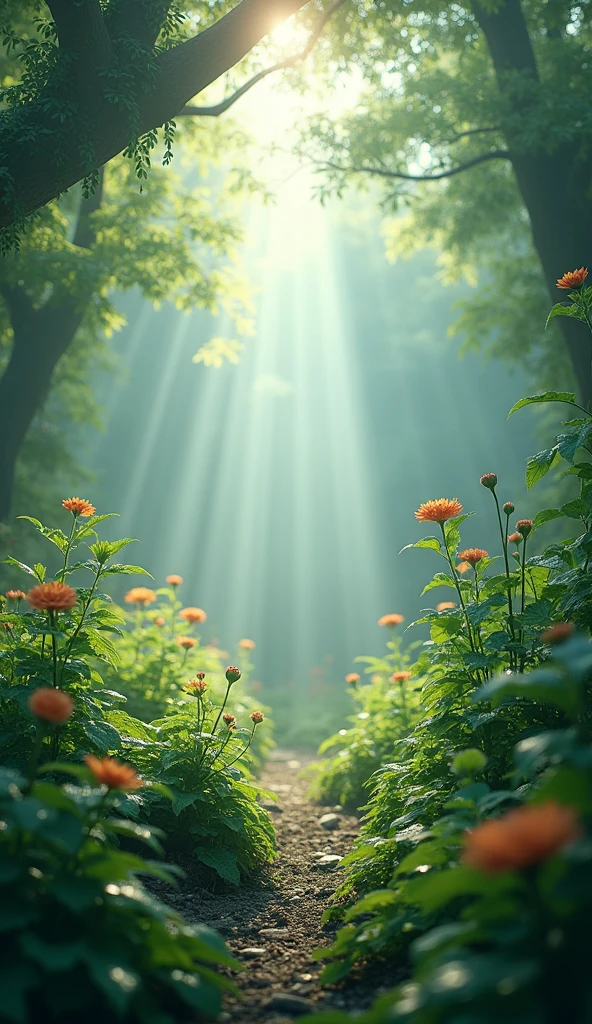 a beautiful heavenly garden, ethereal hazy mist, lush foliage, morning dew on leaves, vibrant blue and green colors, early morning light, serene tranquil atmosphere, (best quality,4k,8k,highres,masterpiece:1.2),ultra-detailed,(realistic,photorealistic,photo-realistic:1.37),landscape,fantasy,cinematic,muted colors,natural lighting,dramatic composition