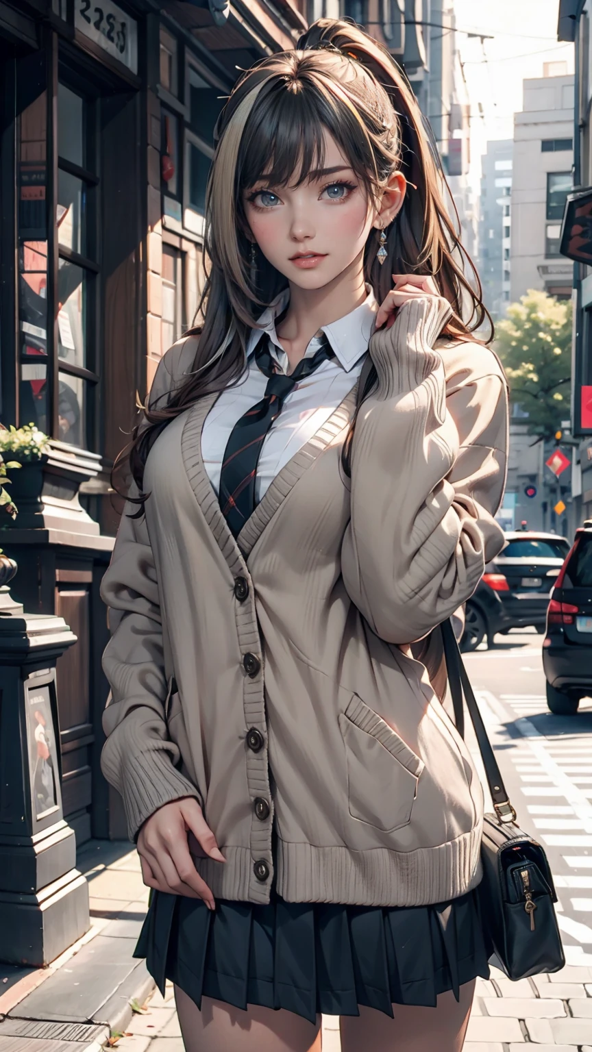 masterpiece , Highest quality,Nahida(Genshin Impact) ,One person , Small breasts,Long Hair ,Side Ponytail, hair ornaments , Gray Hair , Green Hair , Place your hands behind your head:1.5,Multicolored Hair, Fairy , Pointed Ears , school uniform , skirt ,cardigan,road , street,Looking at the audience