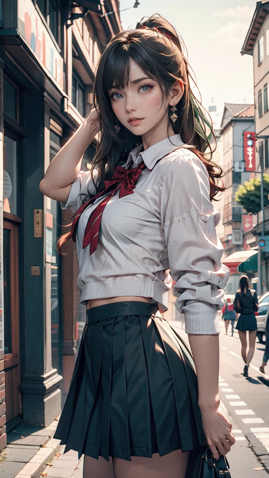masterpiece , Highest quality,Nahida(Genshin Impact) ,One person , Small breasts,Long Hair ,Side Ponytail, hair ornaments , Gray Hair , Green Hair , Place your hands behind your head:1.5,Multicolored Hair, Fairy , Pointed Ears , school uniform , skirt ,cardigan,road , street,Looking at the audience