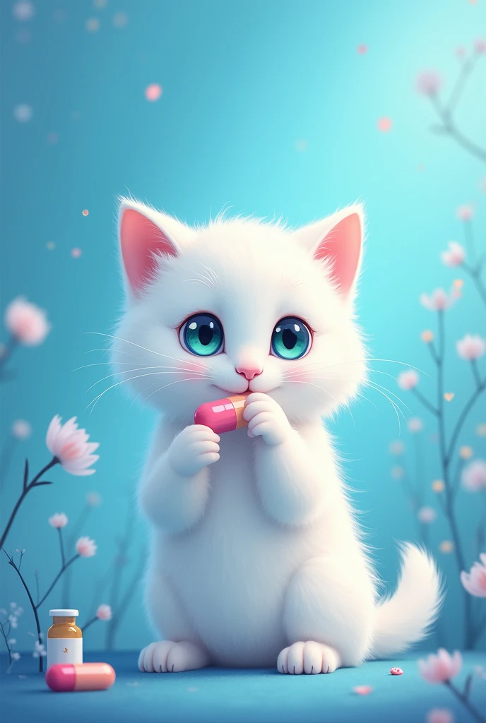 blue background, with a white kitten with heterochromia eyes, holding a medicine capsule