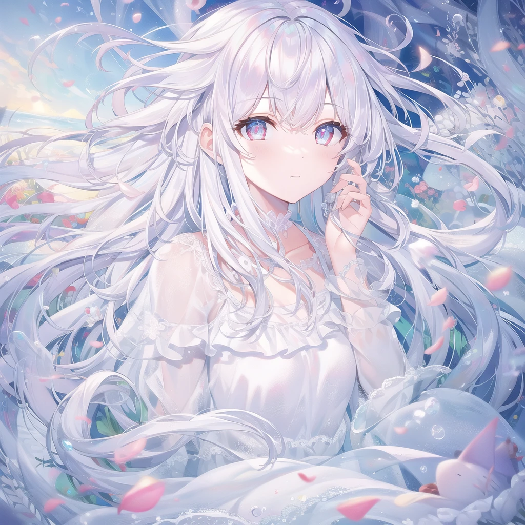((masterpiece, best quality))++, Detailed lighting+,  Detailed hair+, Detail hand+ ,1 girl, Miss, Long hair,   Crimson eyes,  beautiful eyes, young white hair,,(Beautiful white hair:1.5),(Beautiful and delicate eyes),  high resolution+,glass tint, Reflective eyes,   {{angle}} , Very detailed wallpaper, The original, Air bangs，Extremely beautiful CG，Firefly，Nature，ocean