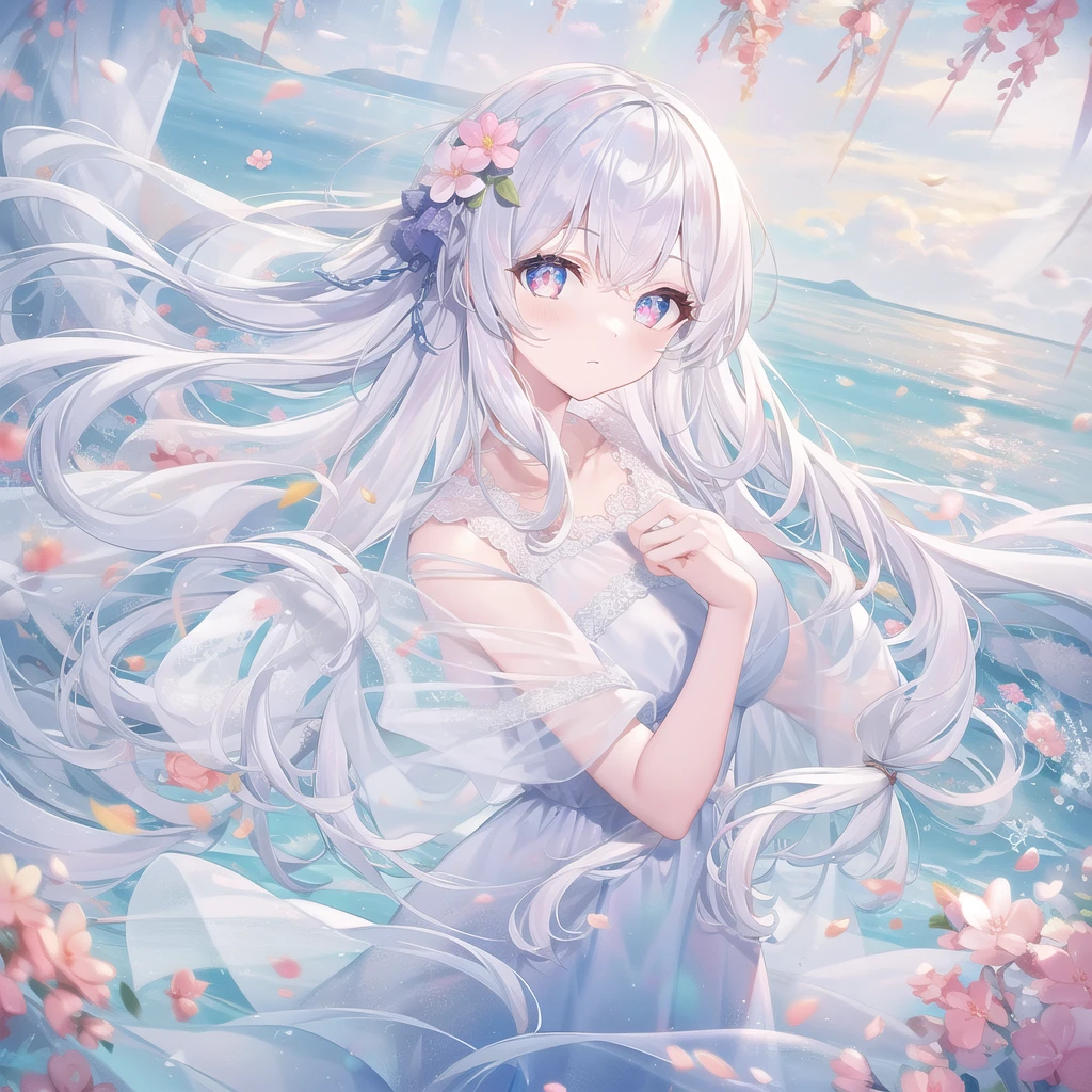 ((masterpiece, best quality))++, Detailed lighting+, Detailed hair+, Detail hand+ ,1 girl, Miss, Long hair, Crimson eyes, beautiful eyes, young white hair,,(Beautiful white hair:1.5),(Beautiful and delicate eyes), high resolution+,glass tint, Reflective eyes, {{angle}} , Very detailed wallpaper, The original, Air bangs,Extremely beautiful CG,Firefly,Nature,ocean