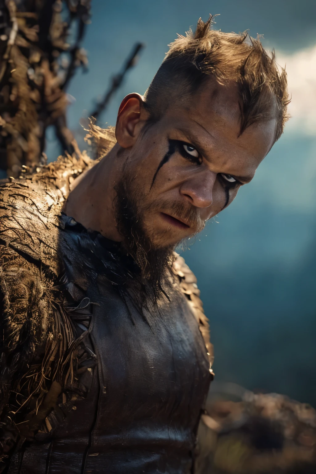 Hyper-realistic cinematic artwork of Floki from the Vikings series, Crow on shoulders, captured in a dynamic pose with the sensation of movement, as if he's emerging from shadows in a dense, misty forest. His intense gaze and intricate facial tattoos are emphasized, reflecting his eccentric and mystical nature. The scene is bathed in a cold, harsh light that contrasts with the dark, ominous surroundings, capturing the grim atmosphere of the Viking era. The image should convey a sense of depth, with a strong focus on three-dimensionality, highlighting Floki's enigmatic and chaotic personality, set against the backdrop of the Norse world. (((Cinematic thunder background))).