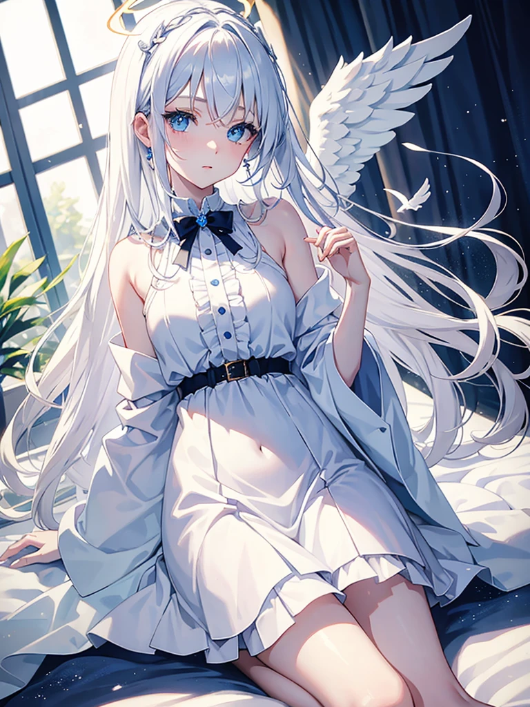 Anime, angel girl, 18 years old, pale skin, blue eyes, white hair, Halo over the head, modest white clothes