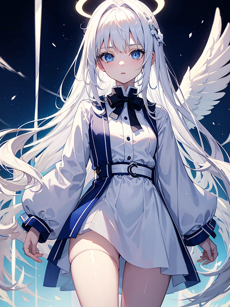 Anime, angel girl, 18 years old, pale skin, blue eyes, white hair, Halo over the head, modest white clothes