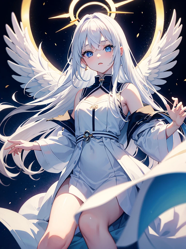 Anime, angel girl, 18 years old, pale skin, blue eyes, white hair, Halo over the head, modest white clothes