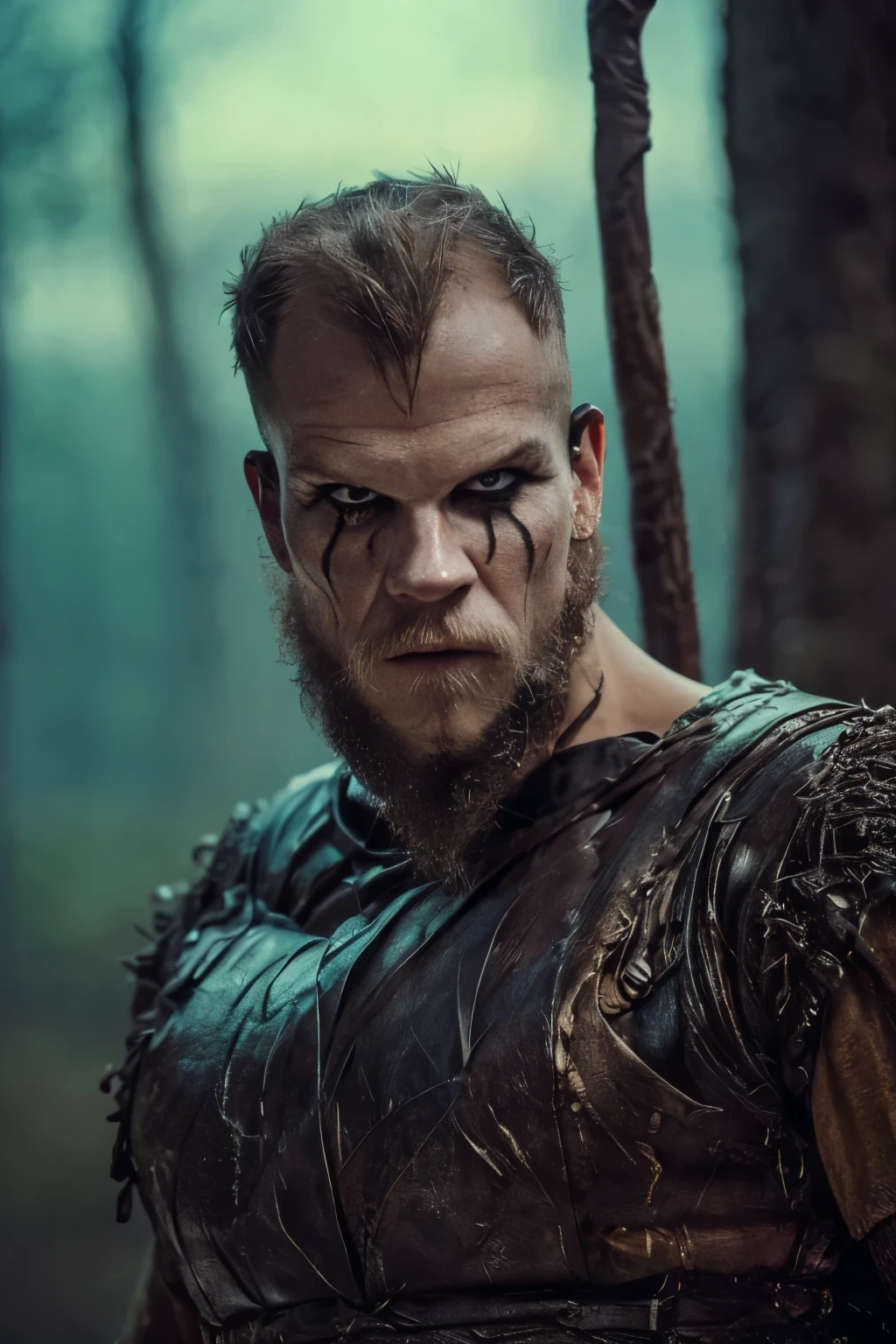 Hyper-realistic cinematic artwork of Floki from the Vikings series, Crow on shoulders, captured in a dynamic pose with the sensation of movement, as if he's emerging from shadows in a dense, misty forest. His intense gaze and intricate facial tattoos are emphasized, reflecting his eccentric and mystical nature. The scene is bathed in a cold, harsh light that contrasts with the dark, ominous surroundings, capturing the grim atmosphere of the Viking era. The image should convey a sense of depth, with a strong focus on three-dimensionality, highlighting Floki's enigmatic and chaotic personality, set against the backdrop of the Norse world. (((Cinematic thunder background))).