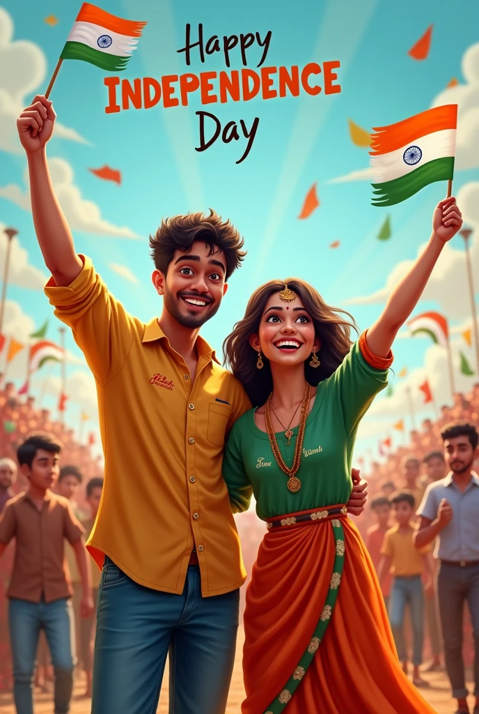 real young couple, Govind and Ushaa stand together, both 20 years old, joyfully celebrate Indian Independence Day. They are wearing indian outfits and Govind name is written on boy's outfit and Usha written on girl's outfit. Above them, in the sky, the words "Happy Independence Day" are displayed in a bold font. The backdrop is filled with people celebrating, enhancing the festive and patriotic spirit of the day