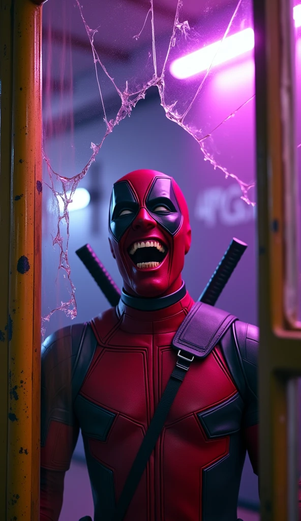 Tony Stark, laughing, wear Deadpool costume, HD hyperrealistic portrait photography, lit from behind with a white neon industrial lamp, the model is behind an old plastic broken translucent that occupies the entire image, looks through a curtain made of very old and dirty yellowed PVC strips,movie aesthetic, the background is the interior of an weapons warehouse without artificial light, very dark, illuminated by purple neon lights, candid