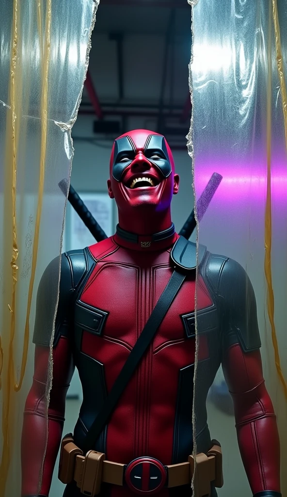 Tony Stark, laughing, wear Deadpool costume, HD hyperrealistic portrait photography, lit from behind with a white neon industrial lamp, the model is behind an old plastic broken translucent that occupies the entire image, looks through a curtain made of very old and dirty yellowed PVC strips,movie aesthetic, the background is the interior of an weapons warehouse without artificial light, very dark, illuminated by purple neon lights, candid