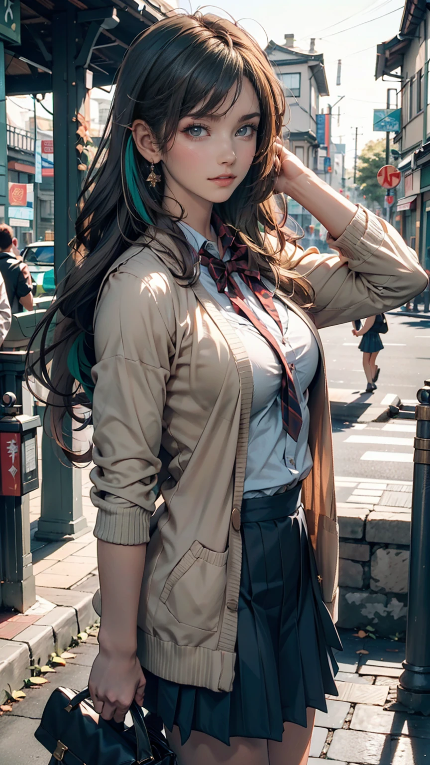 masterpiece , Highest quality,Nahida(Genshin Impact) ,One person , Small breasts,Long Hair ,Side Ponytail, hair ornaments , Gray Hair , Green Hair , Place your hands behind your head:1.5,Multicolored Hair, Fairy , Pointed Ears , school uniform , skirt ,cardigan,road , street,Looking at the audience