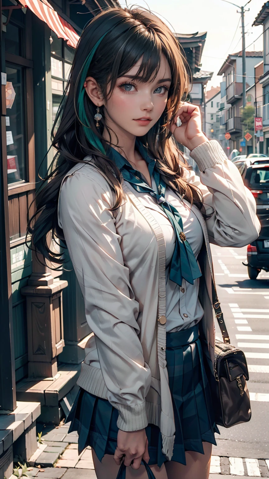 masterpiece , Highest quality,Nahida(Genshin Impact) ,One person , Small breasts,Long Hair ,Side Ponytail, hair ornaments , Gray Hair , Green Hair , Place your hands behind your head:1.5,Multicolored Hair, Fairy , Pointed Ears , school uniform , skirt ,cardigan,road , street,Looking at the audience