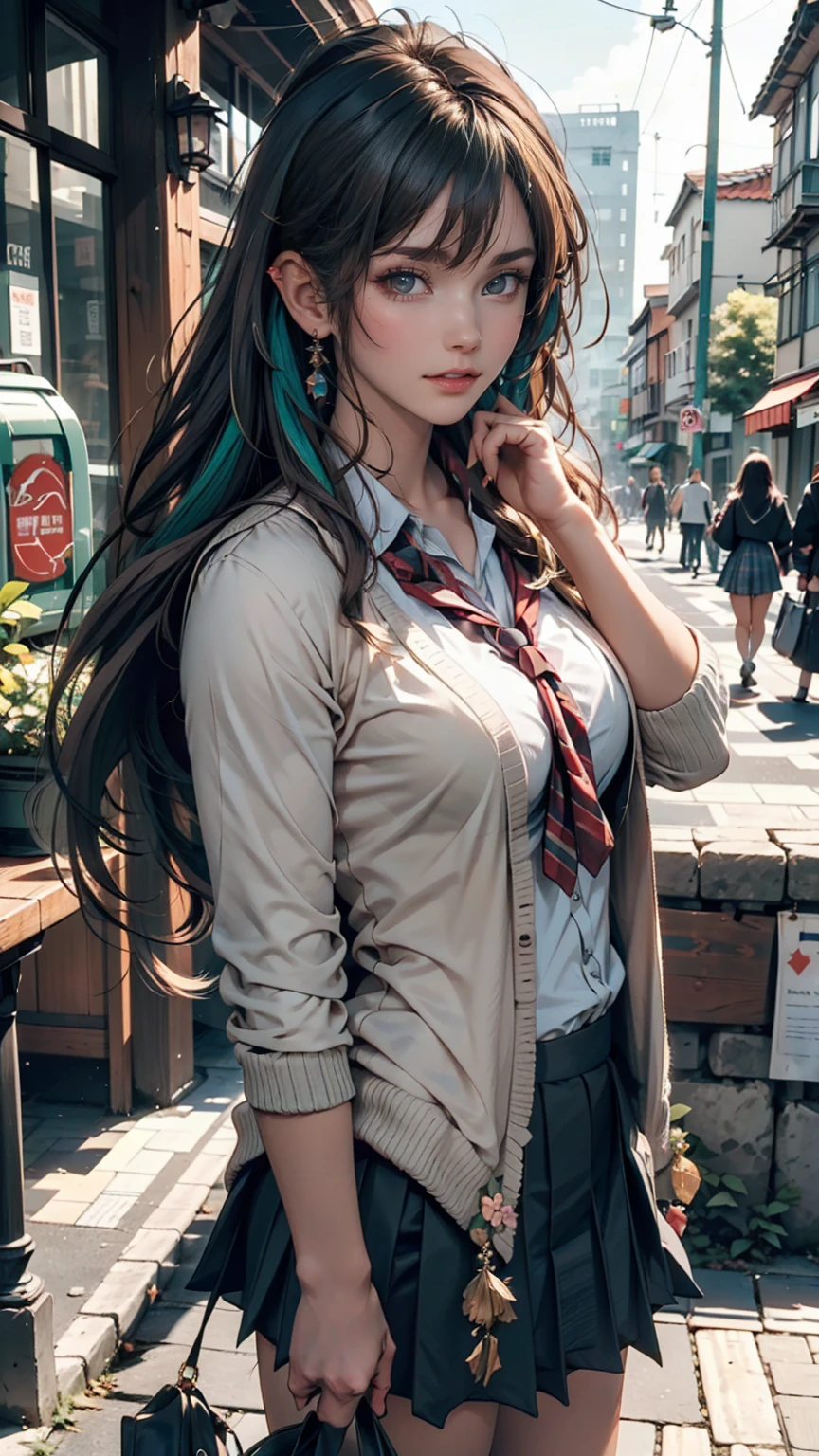 masterpiece , Highest quality,Nahida(Genshin Impact) ,One person , Small breasts,Long Hair ,Side Ponytail, hair ornaments , Gray Hair , Green Hair , Place your hands behind your head:1.5,Multicolored Hair, Fairy , Pointed Ears , school uniform , skirt ,cardigan,road , street,Looking at the audience