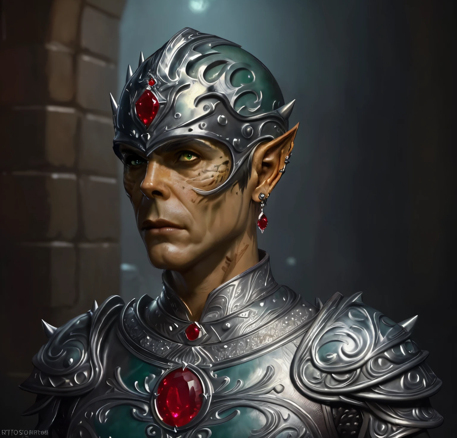 githyanki, dark green skin,  solo, looking at viewer, male, blacked out leather armor, bald , spiky earrings, male focus, portrait, hyperrealistic, intricately detailed, 8k, award winning photographer shot, a silver helmet with intricate masterfully made details and a single ruby gem on it, background make it a githyanki creche cinematic movie background, ((masterpiece, best quality)), art by greg rutkowski, artwork trending on artstation