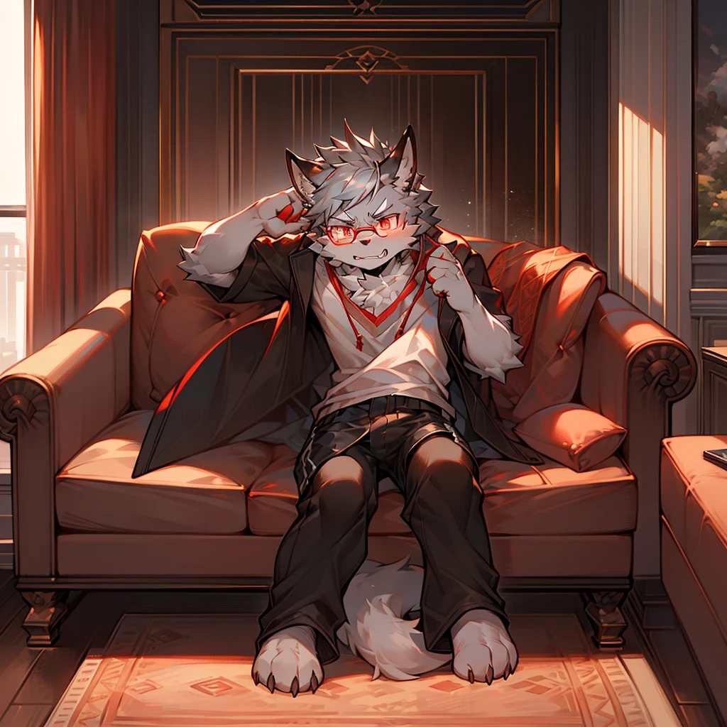 single, furry boy, male, , (High quality), 4K, Upscale, white furr, thick gray hair, nice body, angry expression, red eyes, glasses, plain clothes, shorts, living room background , on the sofa.