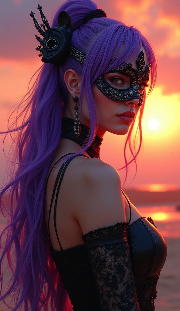 A woman wearing a mask and purple hair stands in front of a sunset, inspirado em Magali Villeneuve, Oriental Face, pintura de personagem bonita, Estilo de arte oriental, arabian art, 8k arte detalhada de alta qualidade, epic fantasy art portrait, epic exquisite character art, regal and menacing visage, detailed face of an arabic woman, Graphic artist Magali Villeneuve