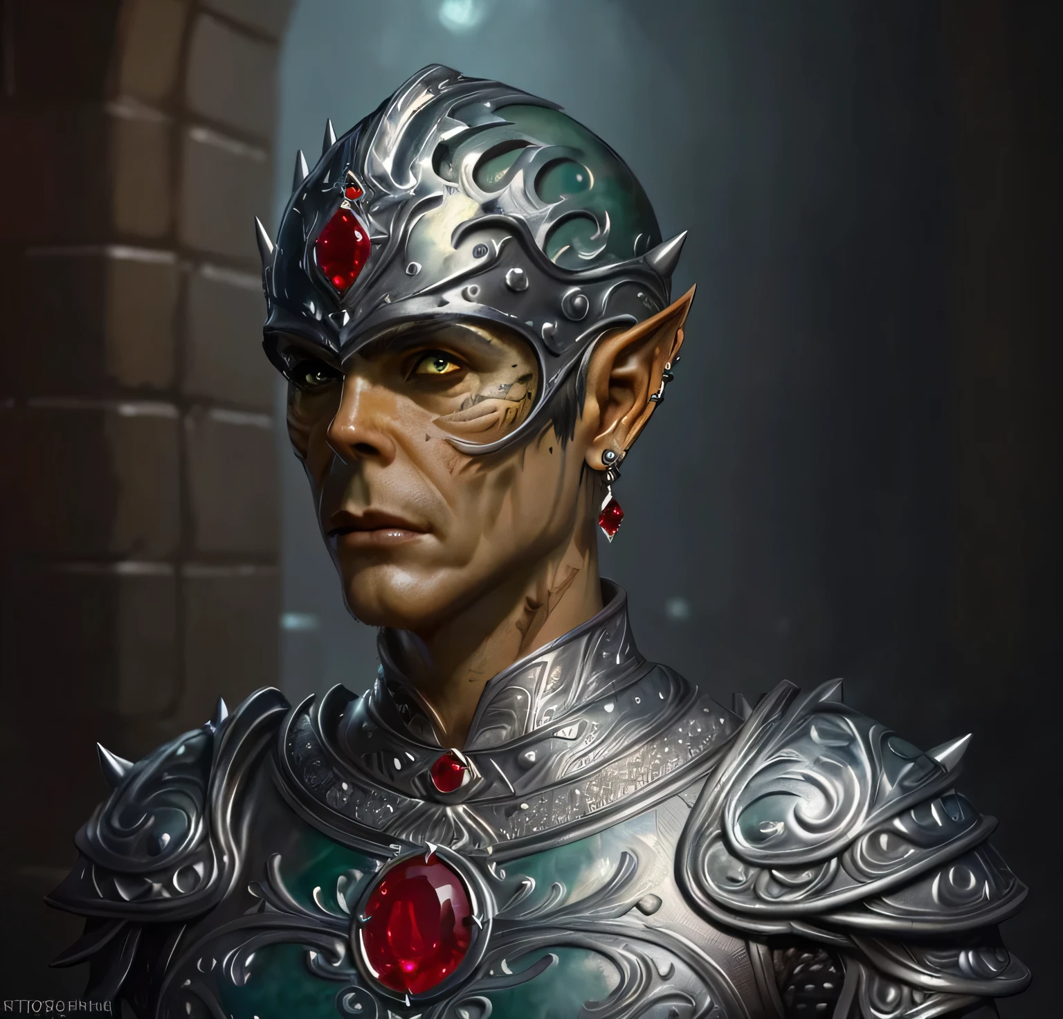 githyanki, dark green skin,  solo, looking at viewer, male, blacked out leather armor, bald , spiky earrings, male focus, portrait, hyperrealistic, intricately detailed, 8k, award winning photographer shot, a silver helmet with intricate masterfully made details and a single ruby gem on it, background make it a githyanki creche cinematic movie background, ((masterpiece, best quality)), art by greg rutkowski, artwork trending on artstation