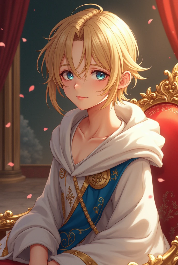 prince, Just up, a little sickly, light skin, golden hair, dazzling blue eyes, Clothing of Antiquity, anime style