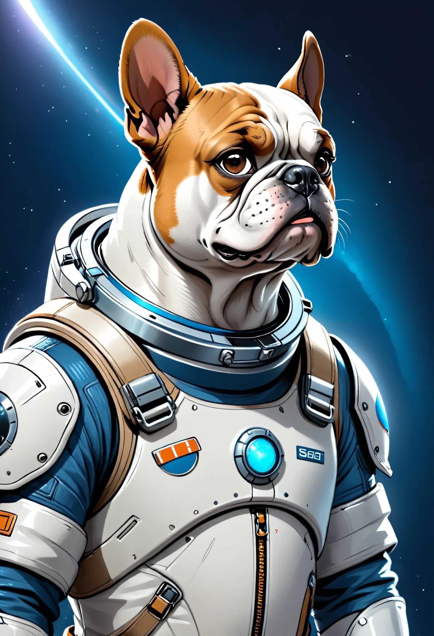 portrait of (a futuristic bulldog:1.3) in a spacesuit, a nebula supernova in space, portrait, intricate, digital painting, artstation, concept art, smooth, sharp focus, illustration, cinematic lighting, art by artgerm and greg rutkowski and alphonse mucha