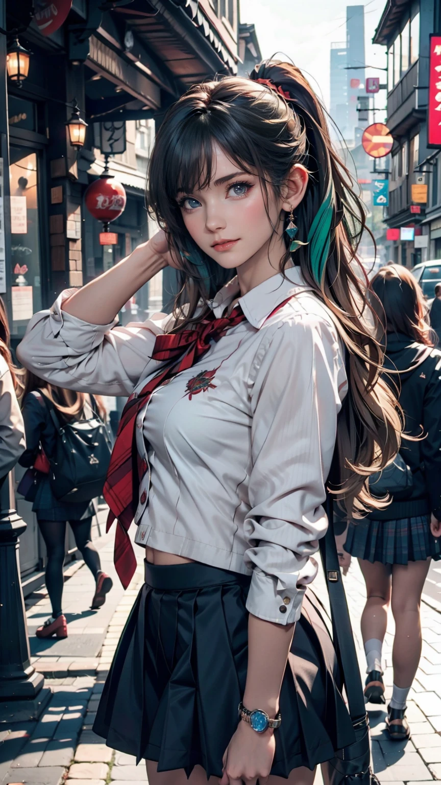 masterpiece , Highest quality,Nahida(Genshin Impact) ,One person , Small breasts,Long Hair ,Side Ponytail, hair ornaments , Gray Hair , Green Hair , Place your hands behind your head:1.5,Multicolored Hair, Fairy , Pointed Ears , school uniform , skirt ,cardigan,road , street,Looking at the audience