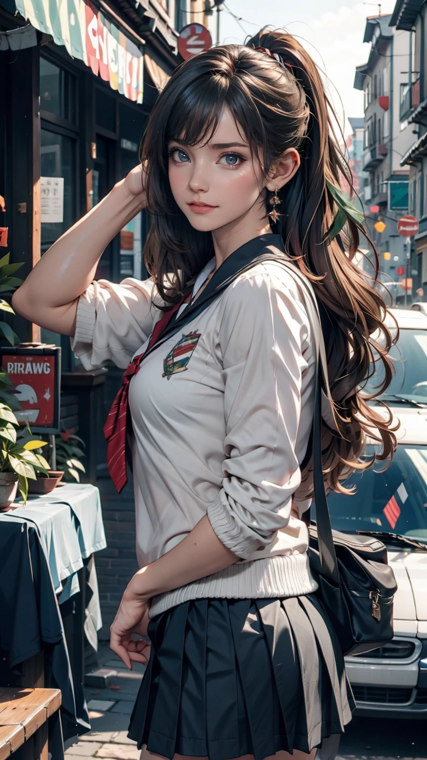masterpiece , Highest quality,Nahida(Genshin Impact) ,One person , Small breasts,Long Hair ,Side Ponytail, hair ornaments , Gray Hair , Green Hair , Place your hands behind your head:1.5,Multicolored Hair, Fairy , Pointed Ears , school uniform , skirt ,cardigan,road , street,Looking at the audience