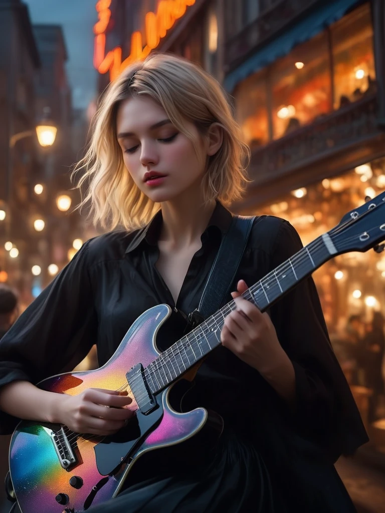 ((Masterpiece in maximum 16K resolution):1.6),((soft_color_photograpy:)1.5), ((Ultra-Detailed):1.4),((Movie-like still images and dynamic angles):1.3) | ((double contact):1.3), ((Beautiful Blonde Female Musician silhoutte effect):1.2), ((Superimposed on Pretty Female):1.1)《dark city sky》Agnes Cecile, Jeremy Mann, Oil and ink on canvas, fine dark art, super dramatic light, photoillustration, amazing depth, the ultra-detailed, iridescent black, superfluous dreams, intricately details, amazing depth, Amazing atmosphere, Mesmerizing whimsical vibrant landscapes, ((Female musician playing guitar):1.5), Maximalism ((beautiful outside, Ugly inside, pressure and pain, beauty and despair, hard and soft, positive and negative, hot and cold, Sweet and sour, Vibrant but boring, Perfect harmony, light and shadows, old and young, Black and white, Corresponding color, loud and quiet, Chaos and peace, life and death):1.2) The complex masterpiece of a real-time engineering leader. | Rendered in ultra-high definition with UHD and retina quality, this masterpiece ensures anatomical correctness and textured skin with super detail. With a focus on high quality and accuracy, this award-winning portrayal captures every nuance in stunning 16k resolution, immersing viewers in its lifelike depiction. | ((perfect_composition, perfect_design, perfect_layout, perfect_detail, ultra_detailed)), ((enhance_all, fix_everything)), More Detail, Enhance. | (((perfect_fingers))), (((perfect_legs))), (((perfect_hands))),
