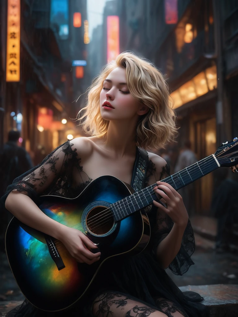((Masterpiece in maximum 16K resolution):1.6),((soft_color_photograpy:)1.5), ((Ultra-Detailed):1.4),((Movie-like still images and dynamic angles):1.3) | ((double contact):1.3), ((Beautiful Blonde Female Musician silhoutte effect):1.2), ((Superimposed on Pretty Female):1.1)《dark city sky》Agnes Cecile, Jeremy Mann, Oil and ink on canvas, fine dark art, super dramatic light, photoillustration, amazing depth, the ultra-detailed, iridescent black, superfluous dreams, intricately details, amazing depth, Amazing atmosphere, Mesmerizing whimsical vibrant landscapes, ((Female musician playing guitar):1.5), Maximalism ((beautiful outside, Ugly inside, pressure and pain, beauty and despair, hard and soft, positive and negative, hot and cold, Sweet and sour, Vibrant but boring, Perfect harmony, light and shadows, old and young, Black and white, Corresponding color, loud and quiet, Chaos and peace, life and death):1.2) The complex masterpiece of a real-time engineering leader. | Rendered in ultra-high definition with UHD and retina quality, this masterpiece ensures anatomical correctness and textured skin with super detail. With a focus on high quality and accuracy, this award-winning portrayal captures every nuance in stunning 16k resolution, immersing viewers in its lifelike depiction. | ((perfect_composition, perfect_design, perfect_layout, perfect_detail, ultra_detailed)), ((enhance_all, fix_everything)), More Detail, Enhance. | (((perfect_fingers))), (((perfect_legs))), (((perfect_hands))),
