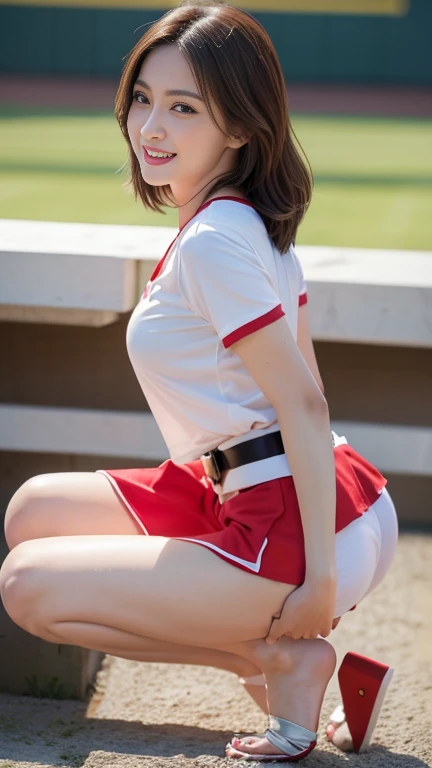 Smile full of happiness、((:1.3))、Pink panties seem to flicker、((1 beautiful girl)), extremely detailed CG unified 8k wallpaper, Highly detailed, RAW color photo, Professional Photography, Realistic, top-quality、hight resolution、ultra-detailliert、masterpiece、Raw photography、realisitic、Photorealsitic、extremely delicate and beautiful、finely detail、Textured skin、(Sky from below)、1womanl、japanes、22year old、(Professional Baseball Team Cheerleading)、(Cheering seats in the stadium)、(beauitful face:1.5)、(Showing white panties:1.2)、(Highkick:1.5)、itting open legs、Open your crotch、Cheering uniform、(a miniskirt:1.5)、Brown hair、Wearing makeup、(Bare legs:1.5)、Do not wear anything on your arm、perfectly proportions、(At SFW) transparent panties