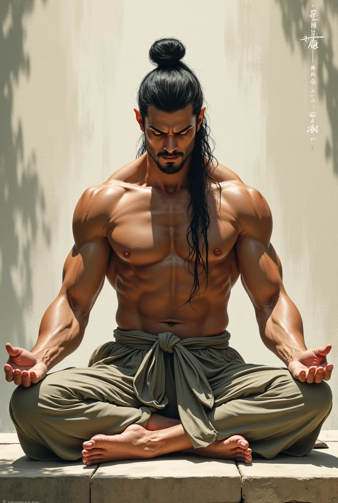 Muscular man, naked, obi around waist, hakama, long tied hair