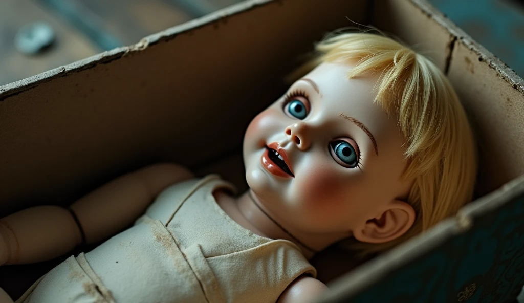 A dirty, creepy celluloid doll of a blonde boy, lying in a dusty box. Diagonal angle.
A soiled, eerie celluloid doll with blonde hair, abandoned in a dusty box. Shot from a diagonal perspective.