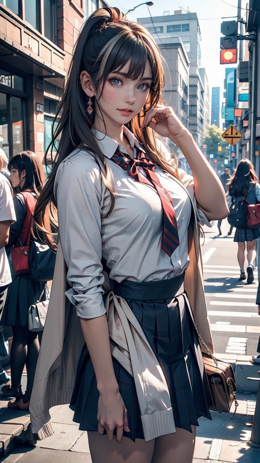 masterpiece , Highest quality,Nahida(Genshin Impact) ,One person , Small breasts,Long Hair ,Side Ponytail, hair ornaments , Gray Hair , Green Hair , Place your hands behind your head:1.5,Multicolored Hair, Fairy , Pointed Ears , school uniform , skirt ,cardigan,road , street,Looking at the audience