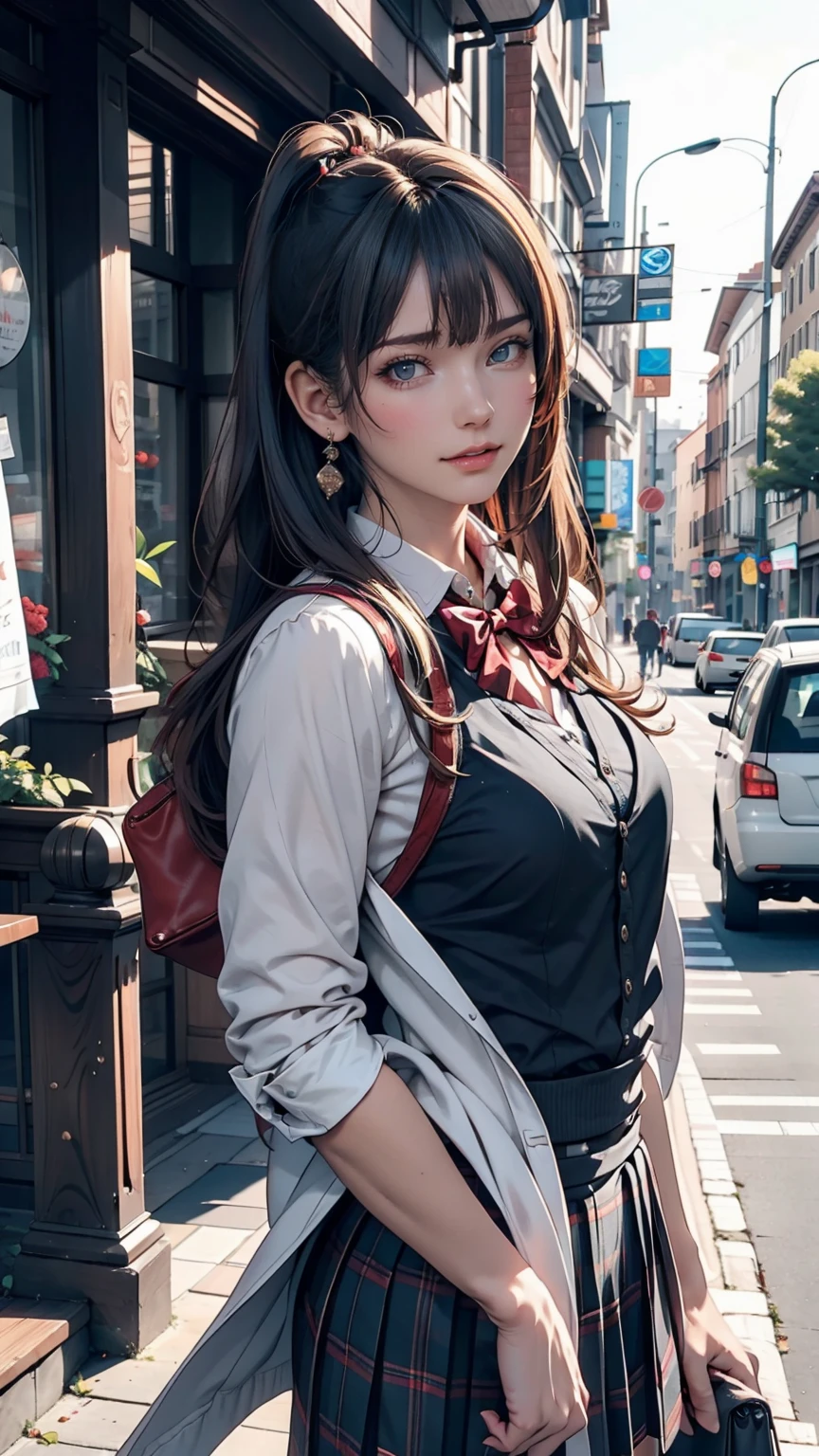 masterpiece , Highest quality,Nahida(Genshin Impact) ,One person , Small breasts,Long Hair ,Side Ponytail, hair ornaments , Gray Hair , Green Hair , Place your hands behind your head:1.5,Multicolored Hair, Fairy , Pointed Ears , school uniform , skirt ,cardigan,road , street,Looking at the audience