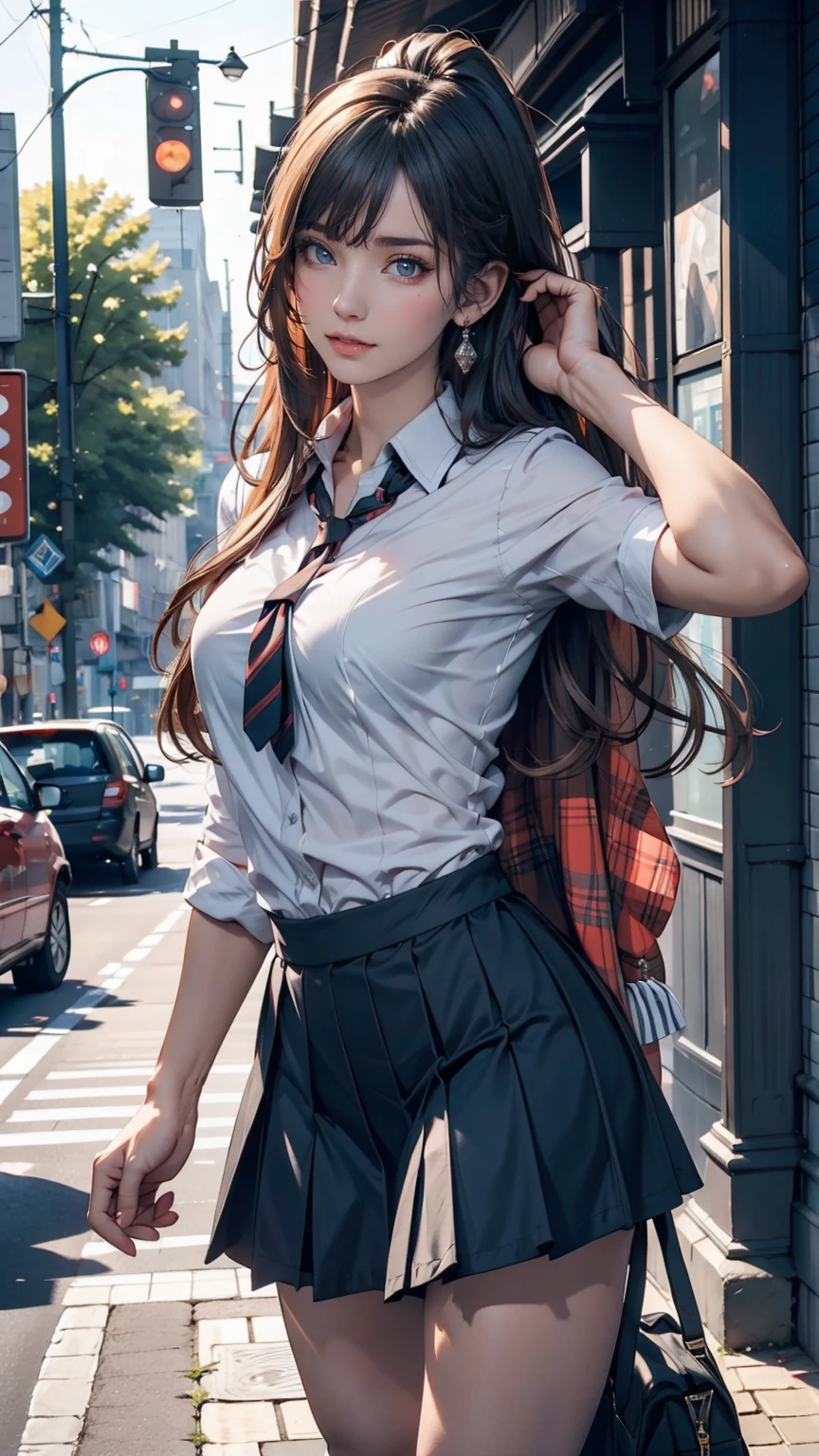 masterpiece , Highest quality,Nahida(Genshin Impact) ,One person , Small breasts,Long Hair ,Side Ponytail, hair ornaments , Gray Hair , Green Hair , Place your hands behind your head:1.5,Multicolored Hair, Fairy , Pointed Ears , school uniform , skirt ,cardigan,road , street,Looking at the audience