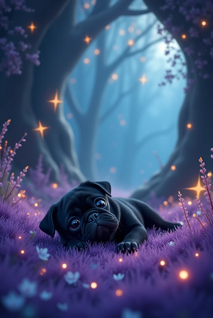 Juninho (a black pug puppy) leave the cave tired, because it ran a lot (now he is in a magical forest, with little flowers, fire flies, Magic trees, crystals, purple grass (predominant cool tones and warm tones for details). He lies on the grass with his belly up and looks at the starry sky