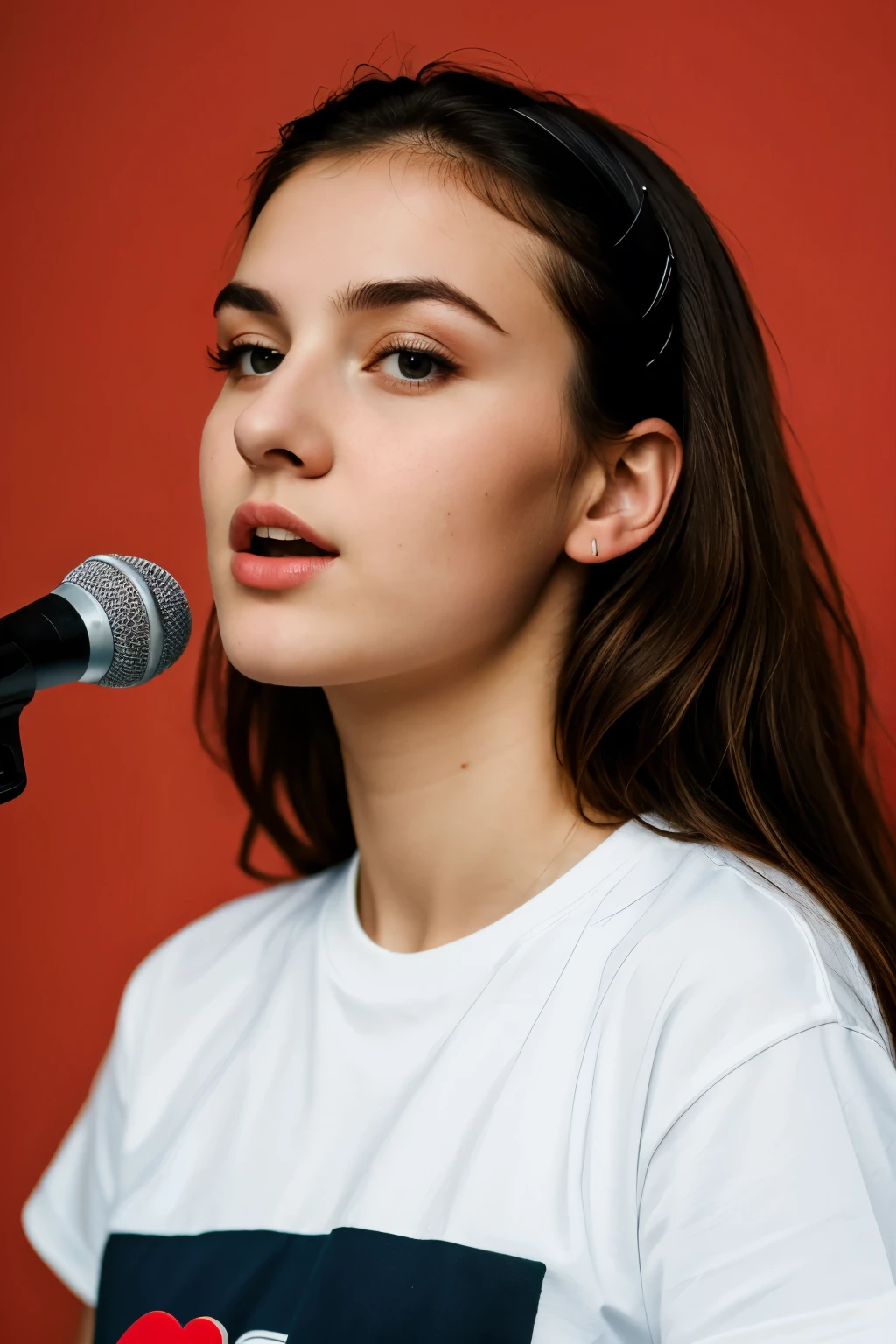 ((Best quality)), ((masterpiece)), (detailed), 1 girl, Slavic appearance, sings into the microphone, in a T-shirt, portrait photography