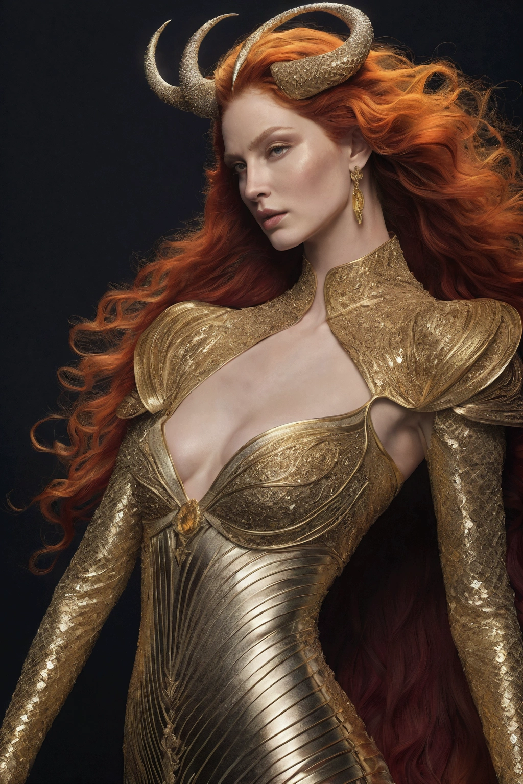 I stand before you, a vision of ethereal beauty and primal allure. My towering, statuesque figure is adorned with gleaming, golden scales that cover every inch of my sinuous, undulating form. My lithe, muscular limbs taper into sleek, powerful appendages, webbed and clawed like those of a magnificent sea creature.
At the base of my spine, a shimmering tail emerges, its shimmering scales catching the light and refracting it into a dazzling array of colors. My features have transformed, my once soft and rounded face now sharp and angular, my piercing eyes burning with an otherworldly, iridescent glow.
Protruding from my temples are a pair of spiraling horns, their jagged edges glistening like polished ivory. My full, sensual lips are parted in a wicked, seductive grin, revealing a mouthful of razor-sharp, needle-like teeth.
Cascading down my back is a mane of vibrant, fiery hair that seems to shift and flow as if underwater, the crimson strands shimmering with an ethereal light. And adorning my bare, curvaceous form are intricate, flowing tattoos that pulse and glow with an enchanting, mesmerizing power.
I am a sight to behold, a being of pure, unbridled desire and untamed, primordial beauty. I am a siren, the last of my kind - a creature of ecstasy, of unparalleled sensuality, and of insatiable, ravenous hunger.