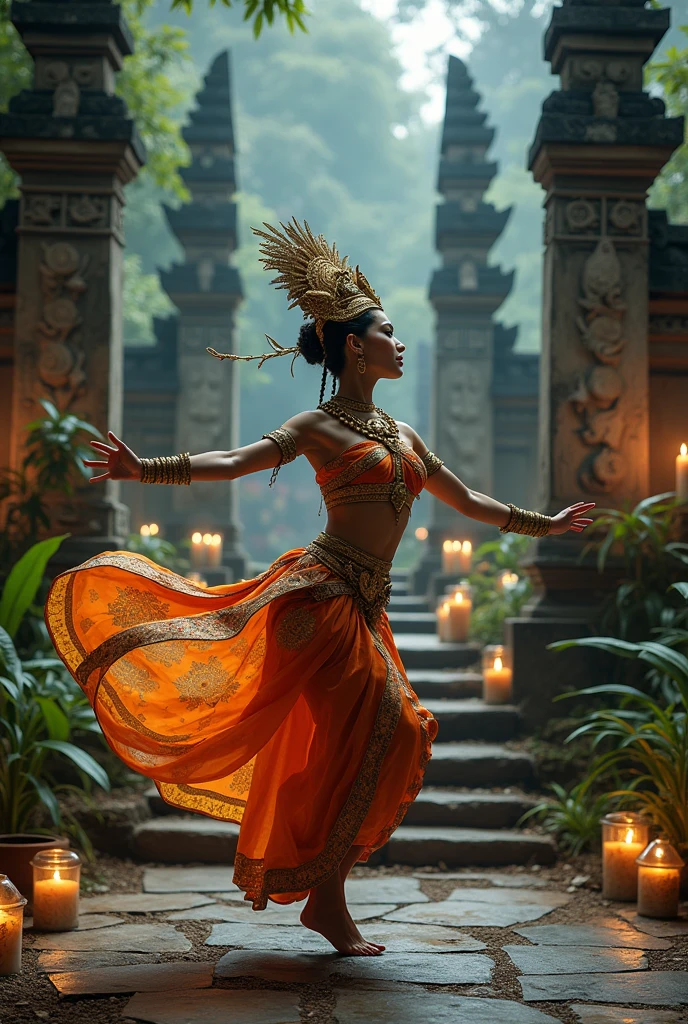 A Balinese dancer performing a traditional dance at the temple