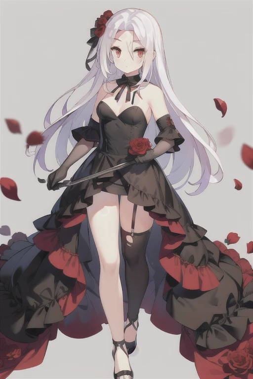 Vittorio_Veneto \(warship girls r\),((masterpiece)),(((best quality))),((ultra-detailed)),((illustration)),((disheveled hair)),((frills)),(1 girl),(solo),1girl, artist name, bangs, bare shoulders, black dress, black footwear, black gloves, black legwear, black rose, blush, breasts, convenient censoring, dress, elbow gloves, falling petals, flower, full body, gloves, gradient, hair flower, hair ornament, holding flower, long hair, looking at viewer, medium breasts, mouth hold, petals, red eyes, red flower, red rose, rose, rose petals, signature, solo, strapless, strapless dress, thighhighs, thorns, torn clothes, torn dress, torn gloves, torn legwear, wedding dress, white hair