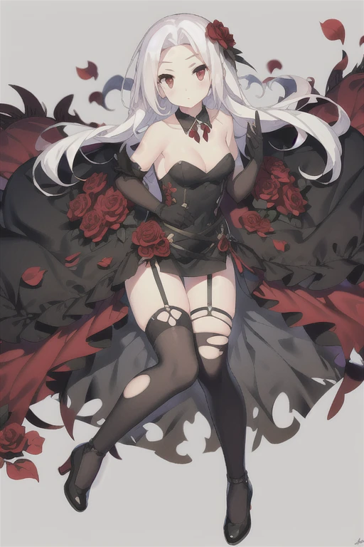 Vittorio_Veneto \(warship girls r\),((masterpiece)),(((best quality))),((ultra-detailed)),((illustration)),((disheveled hair)),((frills)),(1 girl),(solo),1girl, artist name, bangs, bare shoulders, black dress, black footwear, black gloves, black legwear, black rose, blush, breasts, convenient censoring, dress, elbow gloves, falling petals, flower, full body, gloves, gradient, hair flower, hair ornament, holding flower, long hair, looking at viewer, medium breasts, mouth hold, petals, red eyes, red flower, red rose, rose, rose petals, signature, solo, strapless, strapless dress, thighhighs, thorns, torn clothes, torn dress, torn gloves, torn legwear, wedding dress, white hair