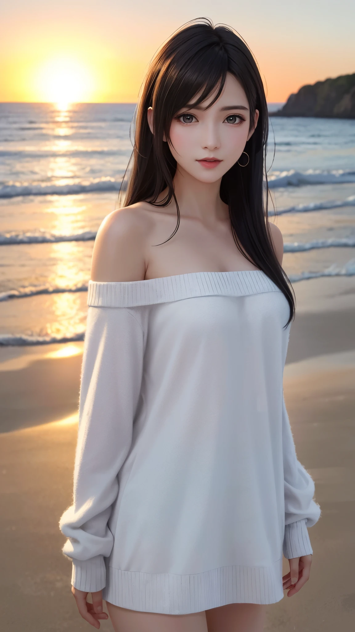 {Top Quality, Masterpiece}, (Realistic: 1.3), Wallpapers, ultra high res, ultra high quality, BREAK {{{FF7,Tifa_lockhart, solo}}},{Ultra-detailed face, Detailed Red eyes},(black Brown Hair, Large breasts: 1.0),(Imaginative Macanese Female Page, background is Unique seaside, at Sunrise), BREAK {wearing oversized loose sweater, off shoulder, Exquisite cloth, white Clothes}, clothed, (No Bra) ,(shiny oiled skin: 1.1), about 18 years old, BREAK {cute, kawaii},{{model pose}}, {{erotic eyes, erotic mouth, erotic face}}