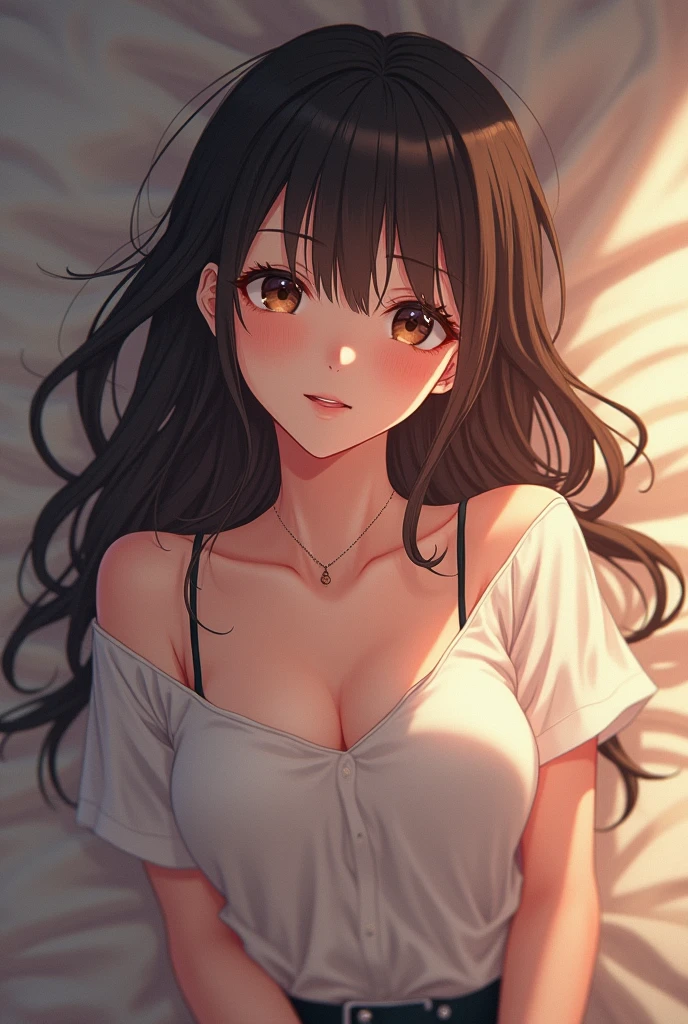 (Full body:1) of a anime girl, smart casual, bed, detailed face, ((shy)), (long hair), ultra detailed photograph, (anime), (intricate details:1),(masterpiece :1), (best quality:1), ultra high res, (detailed eyes), (detailed facial features), HDR, 8k resolution, (lens flare:0.5), light from far behind, (smile, joy)
