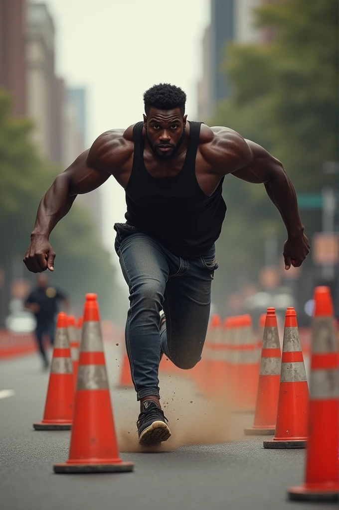 Black man doing zig-zag with cones while running from police