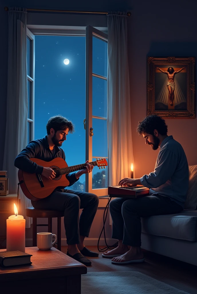 A ROOM.NIGHT TIME.BURNING CANDLE FOR LIGHTS,BIBLE ,A CUP ONE THE TABLE.OPEN WINDOW WITH A STAR AND MOON VIEW.A PERSON PLAYING GUITAR AND ANOTHER PERSON PLAYING KEYBOARD.A PHOTO FRAM WITH THE PICTURE OF JESUS CRUCIFICATION ON THE WALL.